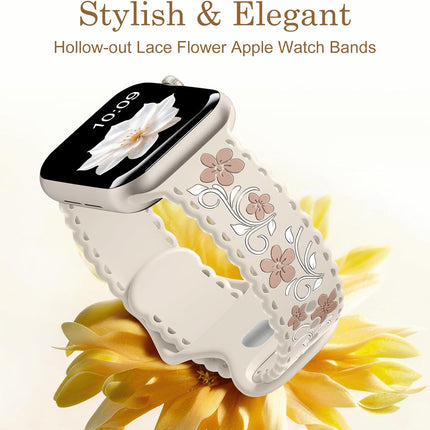 Getino Floral Band Compatible with Apple Watch Bands For Women 40mm 42mm 41mm 38mm 44mm 45mm 46mm 49mm, Cute Engraved Flower Soft Comfortable Silicone Strap for iWatch Series 11 10 9 8 7 6 5 4 3-1 SE