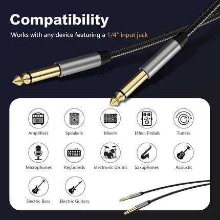 6.35mm Instrument Cable 3Ft,Silver Color Premium 6.35mm Mono Jack 1/4" TS Cable Unbalanced Guitar Patch Cords/Instrument Cable Male to Male with Zinc Alloy Housing and Nylon Braid(3Ft/1M)