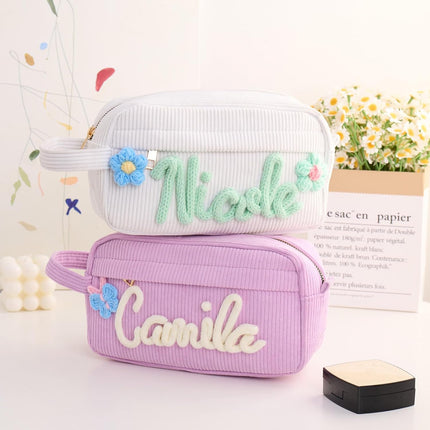 Personalized Makeup Bag with Name, Custom Embroidered Cosmetic Bag for Women Girls, Initial Quilted Corduroy Makeup Bags,Travel Toiletry Pouch, Gifts for Bride Bridesmaid, Birthday, Wedding