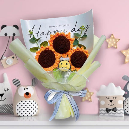 Completed Bee Crochet Flowers Bouquet, Handmade Knitted Bouquet, Crochet Artificial Flowers for Mother's Day Birthday, Wedding Home Decor, Gifts for Mom (Sunflower & Bee)