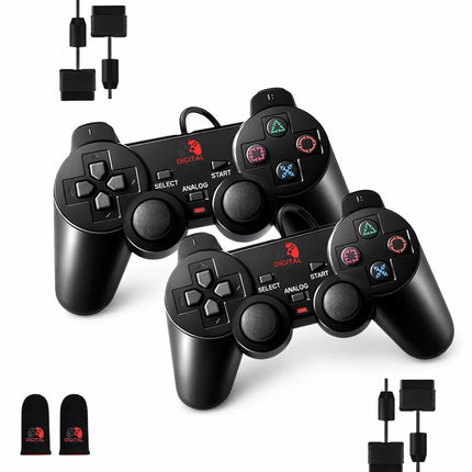 Digital Dynasty PS2 Controller, 2 Packs Wired Controller Compatible with PS2/PS2 Slim/PS1, PS2 Replacement Wired Controller with Dual Vibration, Black