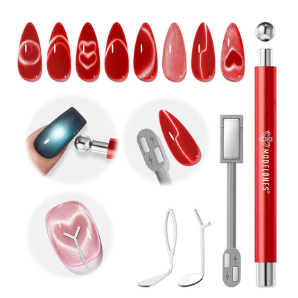 modelones Cat Eye Magnet for Nails, 3-in-1 Red Cateye Gel Polish Magnet Pen & Heart-Shaped Magnet & Ball &Hole &Lightning Magnet Multi-Effect Magnets for Mother's Nail Art Lovers DIY Salon