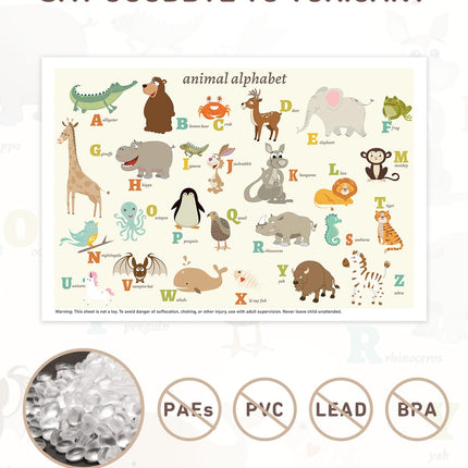 Babebay Disposable Stick-on Placemats 40 Pack for Baby & Kids & Toddler, Sticky Placemats Restaurant Table Mats 12" x 18" (Animal Alphabet)