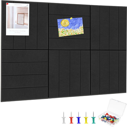 Thboxes Felt Bulletin Board Tiles 36" x 24", 6-Pack Cork Board for Office, Pin Board with 30 Pushpins Cork Boards for Office Decor Walls Organizer, 40 Adhesive Tabs Included - Black