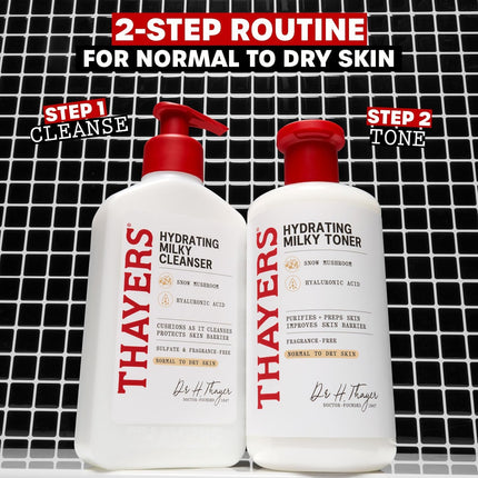 Thayers Milky Face Cleanser 8 FL Oz + Thayers Milky Toner 12 FL Oz with Snow Mushroom and Hyaluronic Acid, Dermatologist Recommended Hydrating Skincare for Dry and Sensitive Skin Bundle