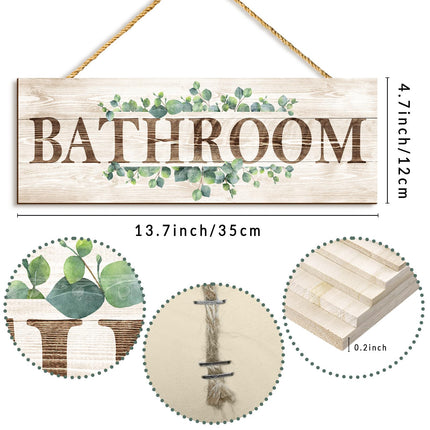 Bathroom Sign Wall Decor, Bathroom Wall Art with Plant Print, Rustic Farmhouse Wall Hanging Plaque Home Bathroom Decorative, 4.7 x 13.7 inches