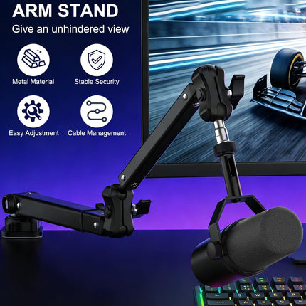 Kairiyard Microphone Boom Arm, 360° Rotatable Heavy Duty Stable Metal Low Profile Mic Arm Stand Desk Mount for Podcast Live Streaming Gaming Studio, with Cable Management, 3/8'' to 5/8'' Adapter