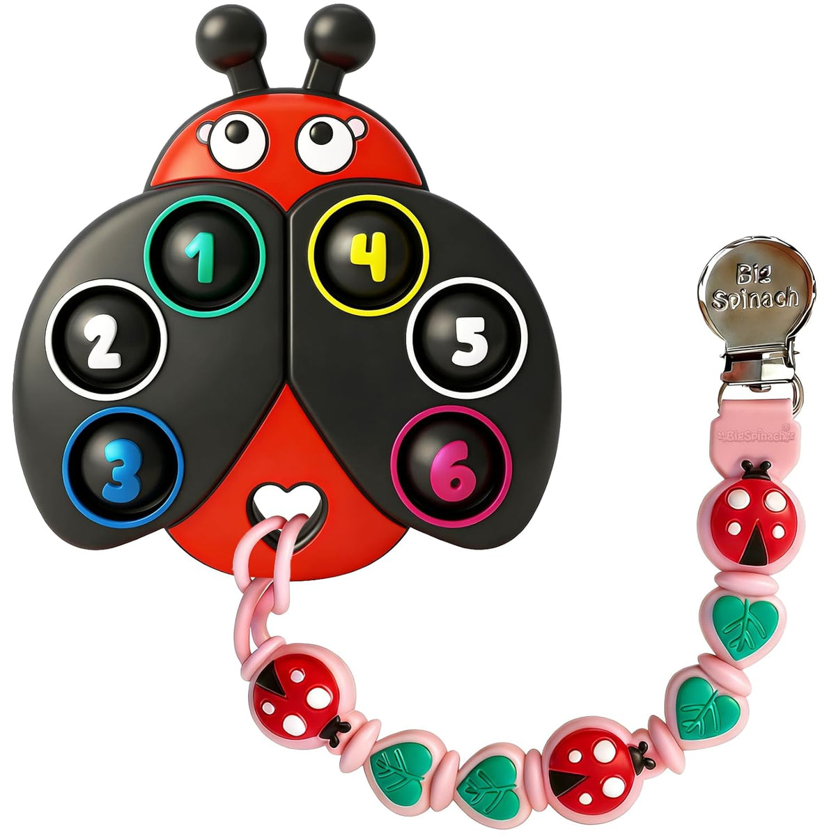 Teething Toy & Pacifier Clip Set,Ladybug Pop-It Teether & Pacifier Hold,Multi-Textured Chew Toy with Number Buttons for