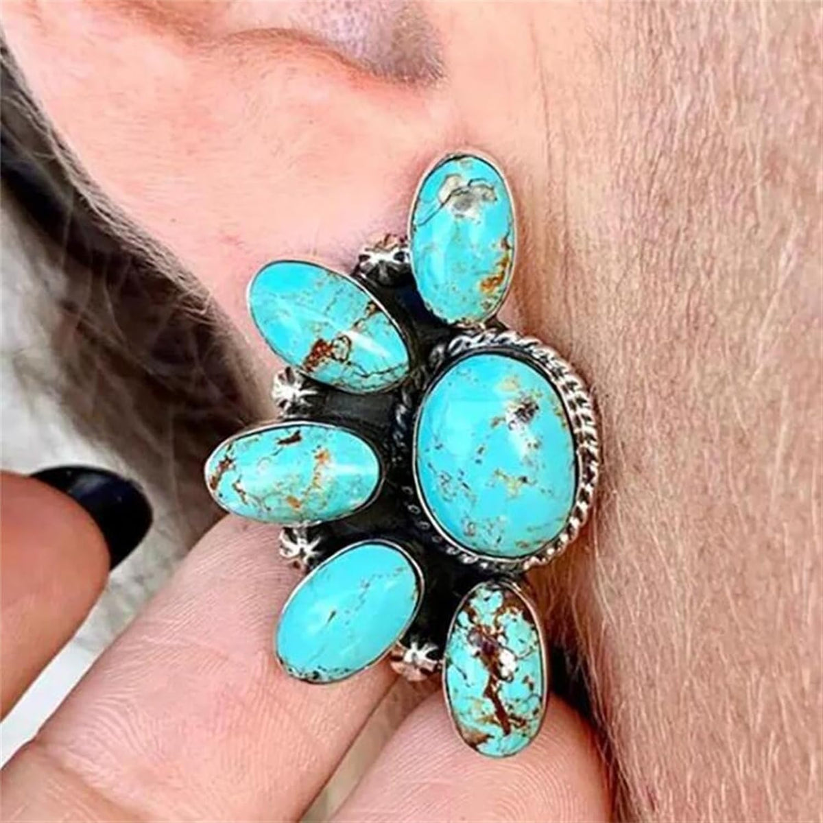 Bohemian Western Natural Turquoise Geometric Flower Drop Dangle Earrings Statement Cowgirl Ethnic Boho Earrings Ethnic Teardrop Stud Earring for Women