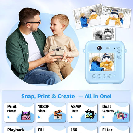 Instant Camera, Dual-Lens Kids Camera Instant Print for Boys Girls Christmas Birthday Gifts, 1080P Digital Cameras for Kids Teens with Print Paper, 32GB Card, Toddle Toy for Age 4-12 Years(Blue)