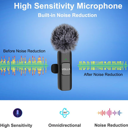 Vislla Mini Microphone for iPhone & Android,11H Battery, Noise Cancelling Wireless Lavalier Mic, Clip On Lapel Mic Pro for Content Creator Vlogging/YouTube/Tiktok/Video Recording/Streaming/Interview