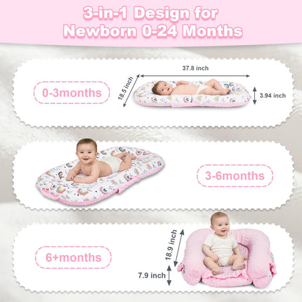Baby Lounger, 3-in-1 Portable Infant Lounger for Newborns 0-24 Months, Foldable Tummy Time Pillow with Removable Cover, Dual-Sided 100% Cotton and Velvet, Ideal Baby Shower Gifts, Pink Rainbow