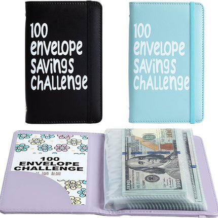 2Pcs 100 Envelopes Money Saving Challenge, Motivational Savings Challenge Binder, Durable Cash Organizer with Inspiring Quotes, Savings Challenges Book to Plan and Save $5,050(Black+blue)