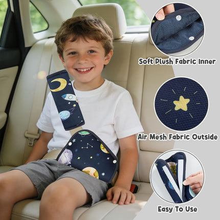 Kids Seat Belt Cover Pads, Soft Seat Belt Adjuster for Kids, Pea Pod Children Universal Shoulder & Belly Protective Padding, Breathable Car Seat Strap Cushion Covers for Boys Girls (Space)