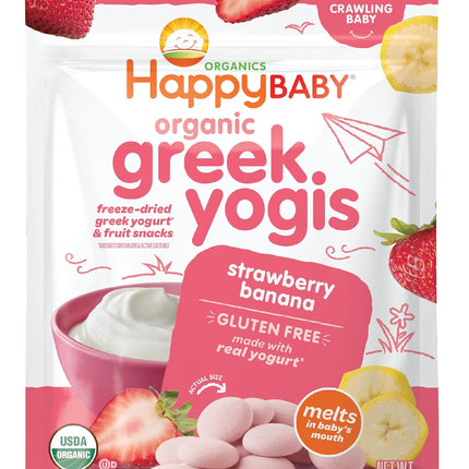 Happy Baby Organics Baby Snacks, Greek Yogis, Freeze Dried Yogurt & Fruit Snacks, Gluten Free Snack for Babies 9+ Months, Strawberry & Banana, 1 Ounce