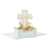 Tarjeta pop-up religiosa (Rejoice, cruz dorada con flores moradas) para Pascua, confirmación y primera comunión