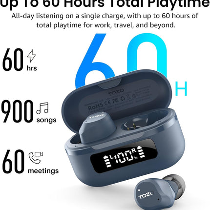 TOZO NC9 Hybrid Noise Cancelling Wireless Earbuds, Bluetooth 5.3 Ear Buds, 6 Mic ENC, IPX8 Waterproof, 60H Playtime, App EQ