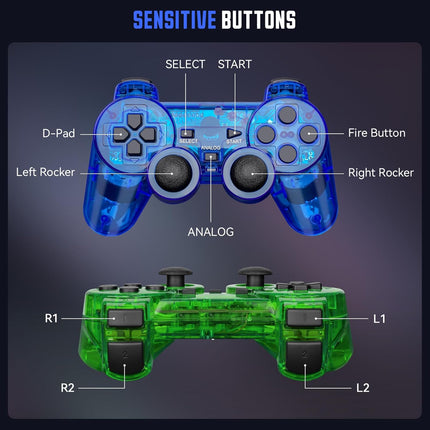GamingBoy Wireless Controller for PS2, 2 Pack 2.4G Dual Vibration Gamepad Joystick Compatible for Play station 2, Ps-2 Game Remote with Wireless Receivers (Clear Blue and Clear Green)