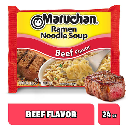 Maruchan Ramen Beef, Instant Ramen Noodles, Ready to Eat Meals, 3 Oz, 24 Count
