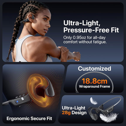 Bone Conduction Headphones, Open Ear Bluetooth Headphones, IPX6 Sweat Resistant, Bluetooth V5.4, 8H Playtime, Comfortable Fit Wireless Earbuds for Running, Gym, Cycling, Outdoor, Black