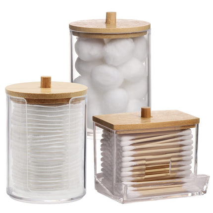 3 Pack Qtips Holder Bathroom Container, 10 oz Cotton Ball/Swabs Dispenser, Apothecary Jar Organizer for Storage Brown Wood Lids