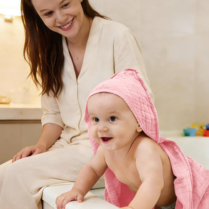 Toallas de baño con capucha para bebé de muselina, pack de 3, toallas ultrasuaves 100% algodón para recién nacidos, bebés y niños pequeños, 32x32 Inch, esenciales muy absorbentes y de secado rápido para la hora del baño, playa y piscina, serie rosa