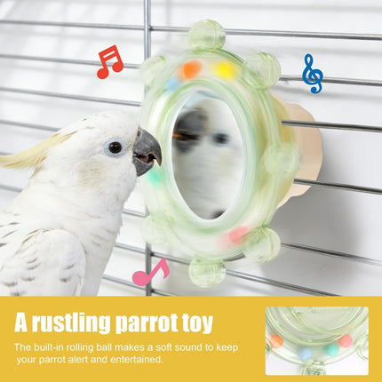 2pcs Bird Mirror Toy for Cage, Rotating Bird Cage Mirror with Rustling Balls Embedded Interactive Birdcage Pet Accessories for Parakeet Budgie Lovebird Canaries Conures Perch Cockatiels