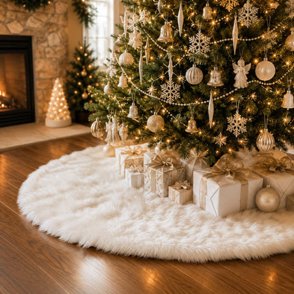 Christmas Tree Skirt, 48 Inch White Soft Faux Fur Tree Skirts Plush Christmas Decorations, White Ornaments Christmas Tree Skirts Xmas Decorations Indoor Holiday Party Decor