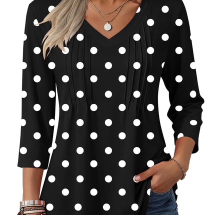 3/4 Length Sleeve Womens Tops V Neck Pleated Boho Floral Blouses