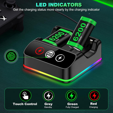 DINOSTRIKE 2X 6200mWh Controller Battery Pack Rechargeable Compatible with Xbox One【RGB Charging Station】【Extended USB C Cable】 Rechargeable Battery for Xbox Series S/X