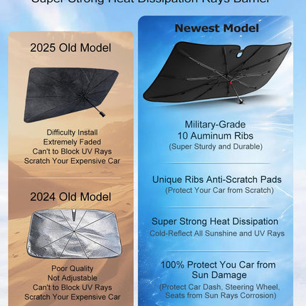 Umbrella Windshield Sun Shade for Car & SUV, Car Sunshade for Front Windshield [Nano Ice-Crystal Coatings] UPF50+ Heat & UV Block, Protect Interior & Keep Cooler Universal for Most of Sedan & SUV