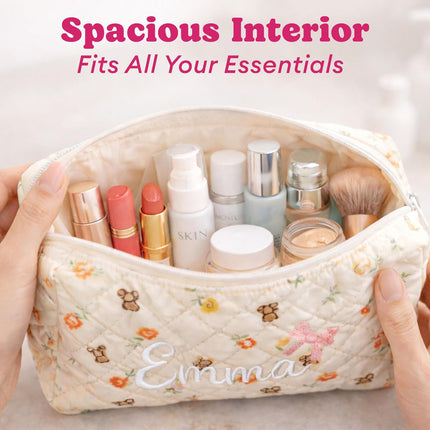 Personalized Embroidered Makeup Bag for Women, Custom Name Floral Cosmetic Bag, Cute Travel Makeup Pouch, High Quality Zipper Toiletry Bag, Unique Gift for Bridesmaid, Mom, Friend