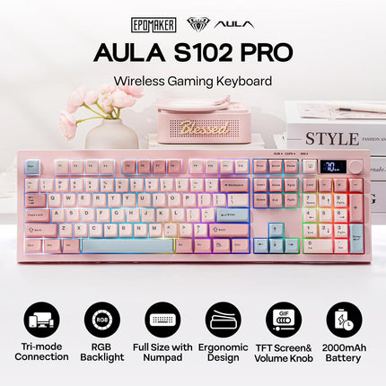 EPOMAKER Aula S102 PRO Membrane Gaming Keyboard with TFT Screen, Volume Knob & Number Pad, BT/2.4G/USB, RGB Backlit, Creamy Silicone Structure, Silent Keyboard for PC Game/Office (Pink)