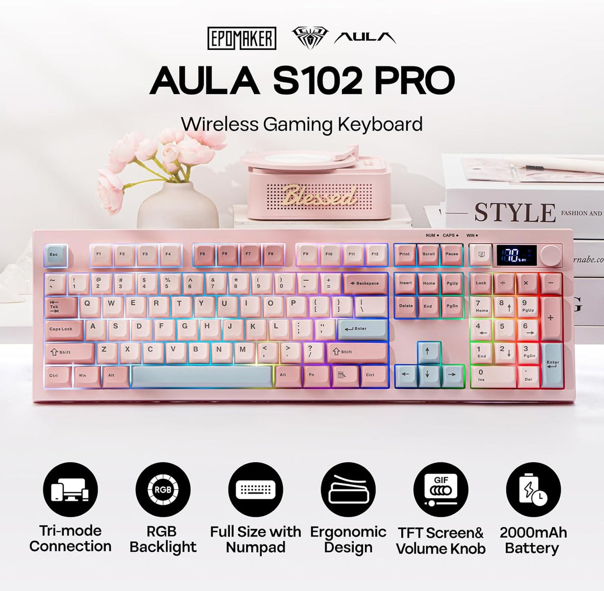 Pink Membrane Gaming Keyboard with TFT Screen, Volume Knob & Number Pad - photo 2