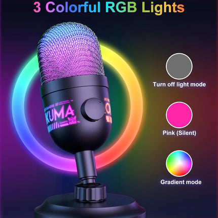 USB Gaming Microphone, RGB Condenser Mic for PC PS4 PS5 Mac, Plug & Play, Tap to Mute, Gain Control, Zero-Latency Monitoring for Streaming Podcasting Recording