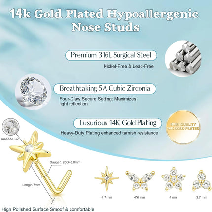 Nose Rings Studs for Women, 20G Gold Silver Nose Studs Hypoallergenic Surgical Steel Nose Ring L Shaped Small Diamond Nose Rings Cute CZ Star Flower Butterfly Nose Stud Nostril Piercing Jewelry
