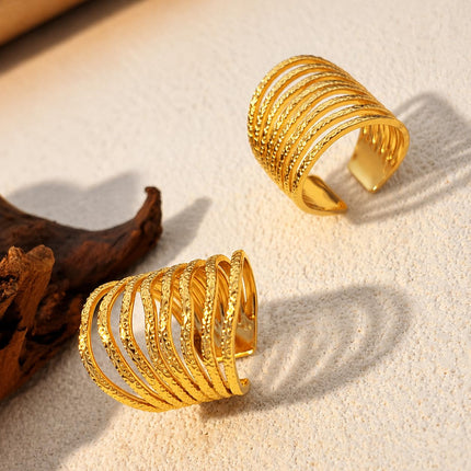 Gold Multi Layer Statement Ring for Women, Wide Band Open Finger Ring, Textured Stack Look Ring, Bold Minimalist Fashion Jewelry for Daily Wear Party