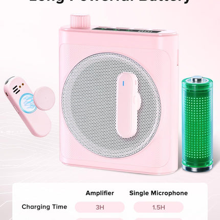 Voice Amplifier for Teachers with Dual Magnetic Wireless Lavalier Microphones & Noise Reduction - Bluetooth Portable Rechargeable Speaker for Classroom, Meetings, Yoga, Speeches (Pink)