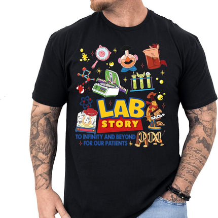 Lab Story Shirt - Lab Week 2026 Shirt, Medical Laboratory Week Gift, Laboratory Technician Scientist Appreciation Tshirt, to Infinity and Beyond for Our Patients, Lab Tech Humor Shirt Multi