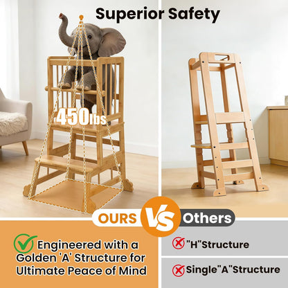 Kids Bamboo Kitchen Step Stool with Safety Rails & Anti-Slip Feet - photo 3