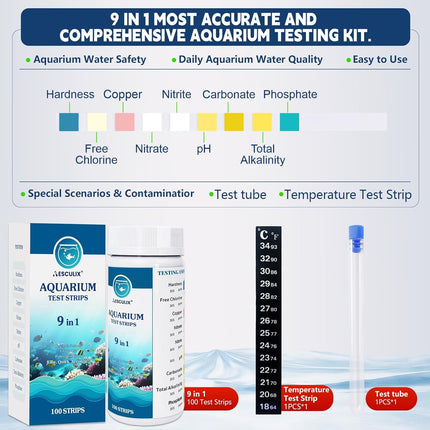 9 in 1 Aquarium Test Strips, 100 Count, Fish Tank Water Test Kit for Freshwater & Saltwater, Tests Nitrate, Nitrite, pH, KH, Total Alkalinity, Hardness, Free Chlorine, Copper & Phosphate