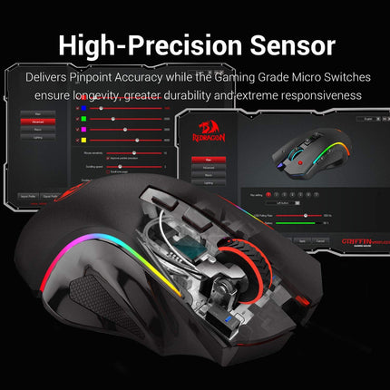 Redragon M602 Griffin RGB Gaming Mouse, RGB Spectrum Backlit Ergonomic Mouse with 7 Programmable Backlight Modes up to 8000 DPI for Windows PC Gamers (Black, Wireless)