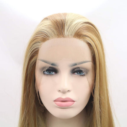 Sylvia 24" Natural Blonde Omber Brown Highlight Silky Straight Synthetic Lace Front Wigs Middle Parting 180% Density Heat Resistant Fiber Hair For Women