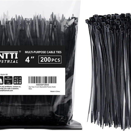 Zip Ties 4 inch (200 Pack), Small Zip Ties with 18 lb Tensile Strength, Black, by Tantti Supply