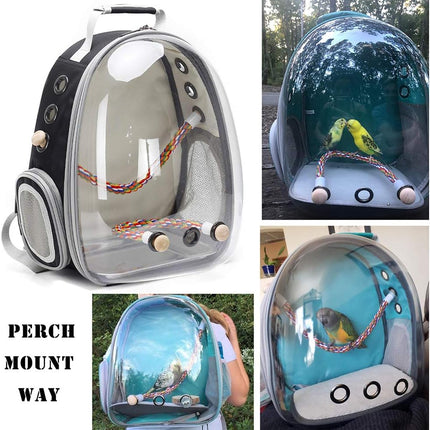 Bird Traval Carrier Cage, Clear Space Capsule Astronaut Backpack to Carry Parakeet Cockatiel Parrot with Metal Tray Wood Perch, Vet Transport School Bag