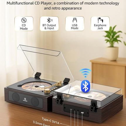 CD Player with Built-in Speakers Bluetooth Retro Portable CD Players for Home Music Player with Remote Control Headphone Jack Walnut Brown