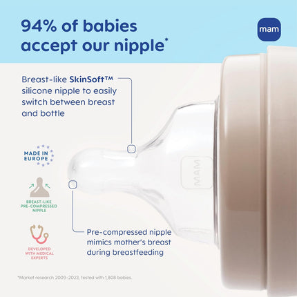 MAM 4.5oz Easy Start Anti-Colic Wide Neck Vented Baby Bottle, Extra Slow Flow Breastfeeding-Like Silicone Nipple, Reduces Colic, Gas & Reflux, Easy to Clean, BPA Free, 0+ Months, Made in Europe