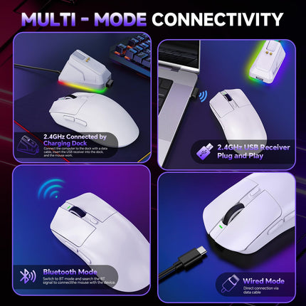 Wireless Gaming Mouse, Tri-Mode 2.4GHz/USB-C/Bluetooth Wireless Mouse with RGB Charging Dock, 24000 DPI, 60Hrs Battery, Ergonomic Lightweight Rechargeable Computer Mice Compatible with PC Mac Laptop