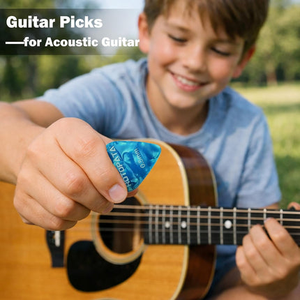 15 Pack Guitar Picks Plectrums with Organizer Storage Box, 0.5 0.75 1.0 mm Includes Thin Medium Heavy Thickness, Variety Colorful Celluloid Plectrums for Bass Electric Acoustic Guitars Ukulele