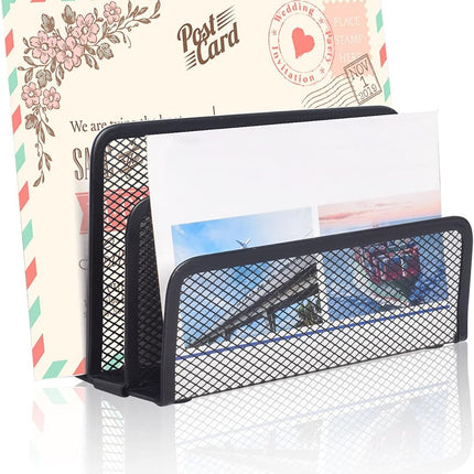 Metal Mesh Desk Organizer File Holder, 4 Slot Desktop Letter Tray, Mail Sorter for Office, Home, Black